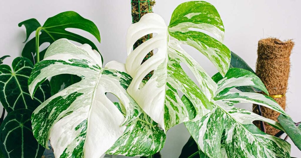 A Monstera Thai Constellation supported by a moss pole.